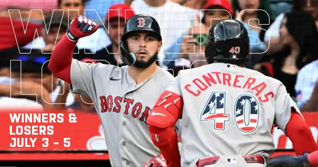 Boston teammates celebrate during a game featured in the "Winners & Losers" recap for July 3–5. The graphic highlights standout performances over the holiday weekend.