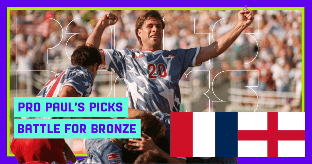 Soccer player celebrates with teammates, bronze match graphic