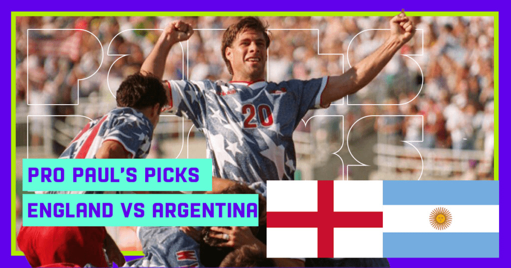 Soccer players celebrating England vs Argentina matchup graphic