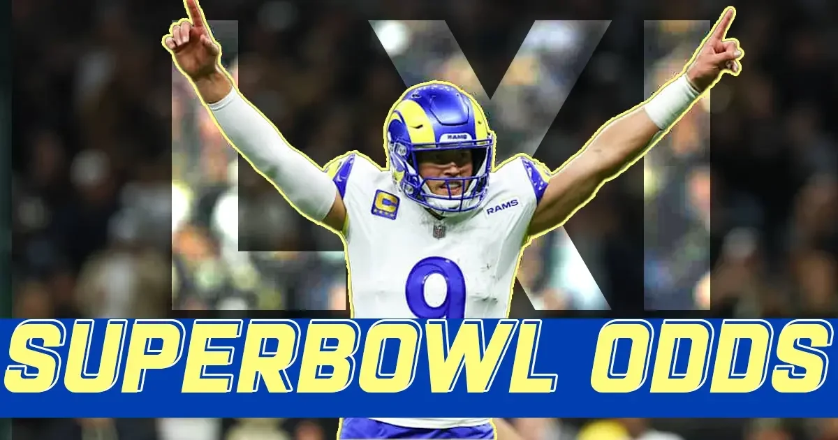 Rams quarterback celebrating with Super Bowl odds graphic