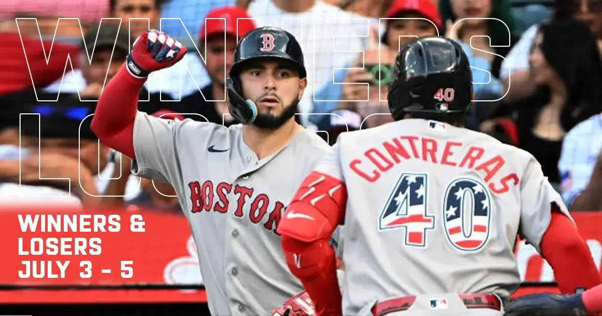 Boston teammates celebrate during a game featured in the "Winners & Losers" recap for July 3–5. The graphic highlights standout performances over the holiday weekend.